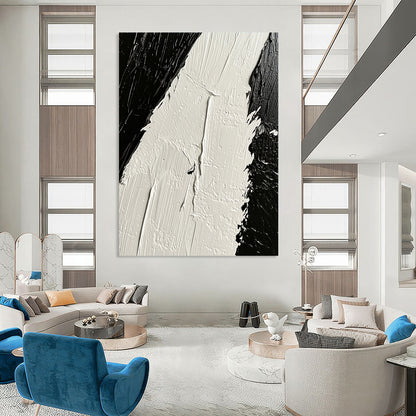 Contemporary hand-painted abstract artwork showcasing intricate white oil paint textures contrasted against deep black tones on canvas. DLZ1745