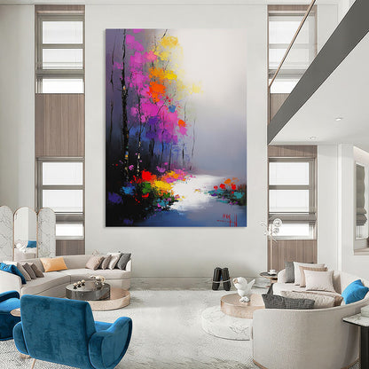 Contemporary hand-painted abstract artwork featuring vibrant flowers and trees in morning mist with smooth brushwork and atmospheric perspective. DLZ1413