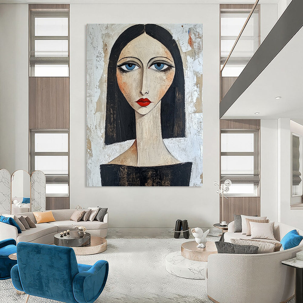 Contemporary hand-painted portrait showcasing confidence with blue eyes and red lips against a textured white backdrop featuring dark hair and a black top. DLZ1442
