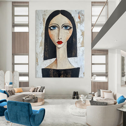 Contemporary hand-painted portrait showcasing confidence with blue eyes and red lips against a textured white backdrop featuring dark hair and a black top. DLZ1442