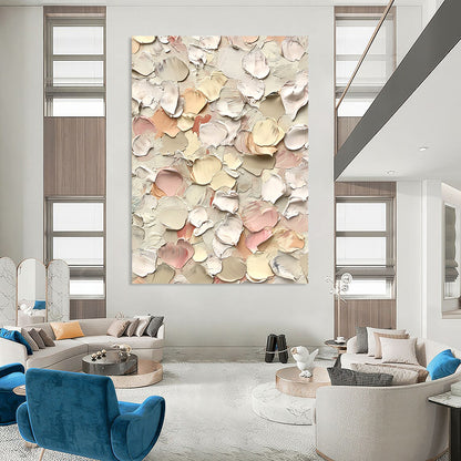 Large contemporary hand-painted abstract art featuring small flowers in cream and pink hues with thick impasto texture against a white background. DLZ0641
