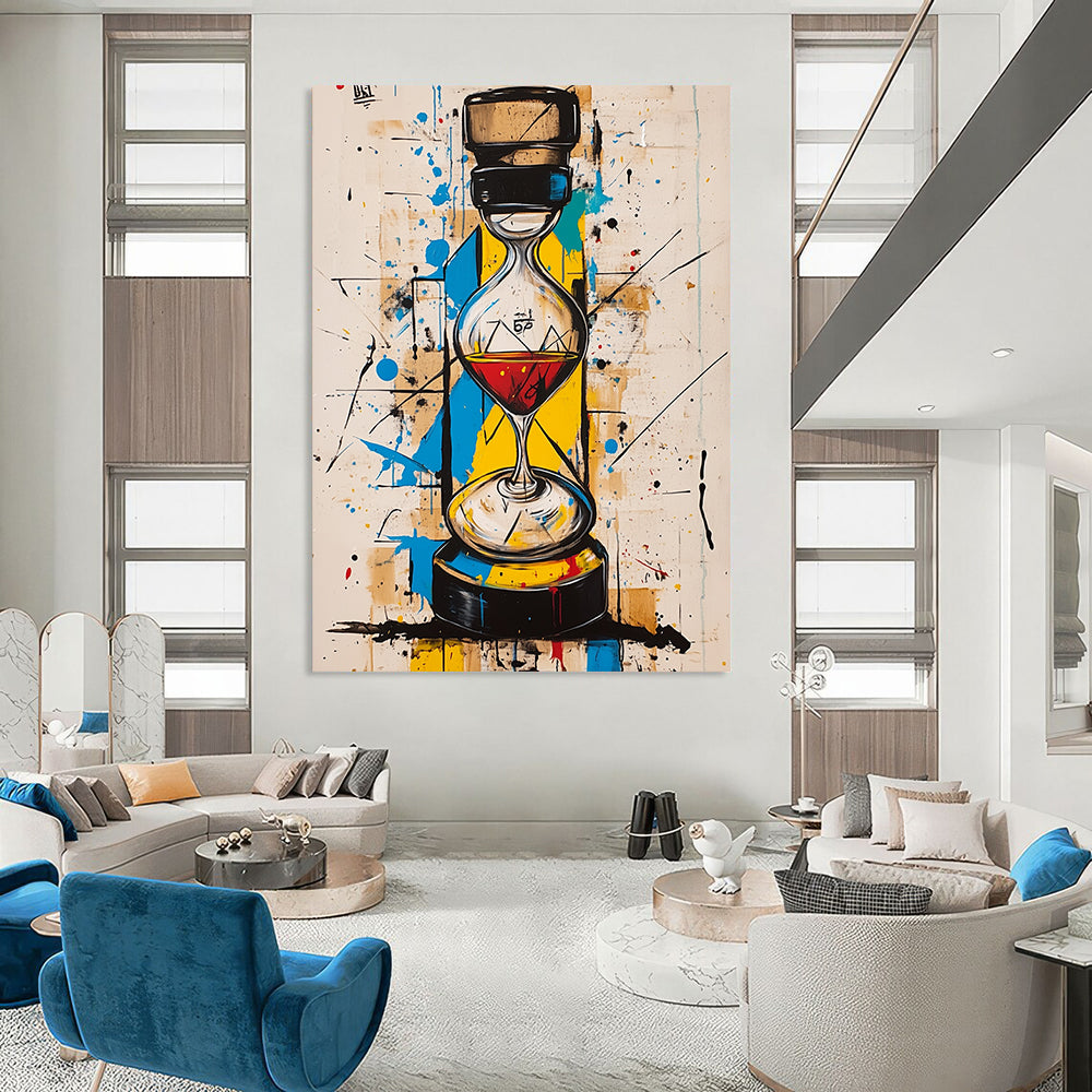 Contemporary abstract art with vibrant colors geometric shapes features an hourglass and a whisky bottle harmoniously integrated in the striking composition. DLZ1090