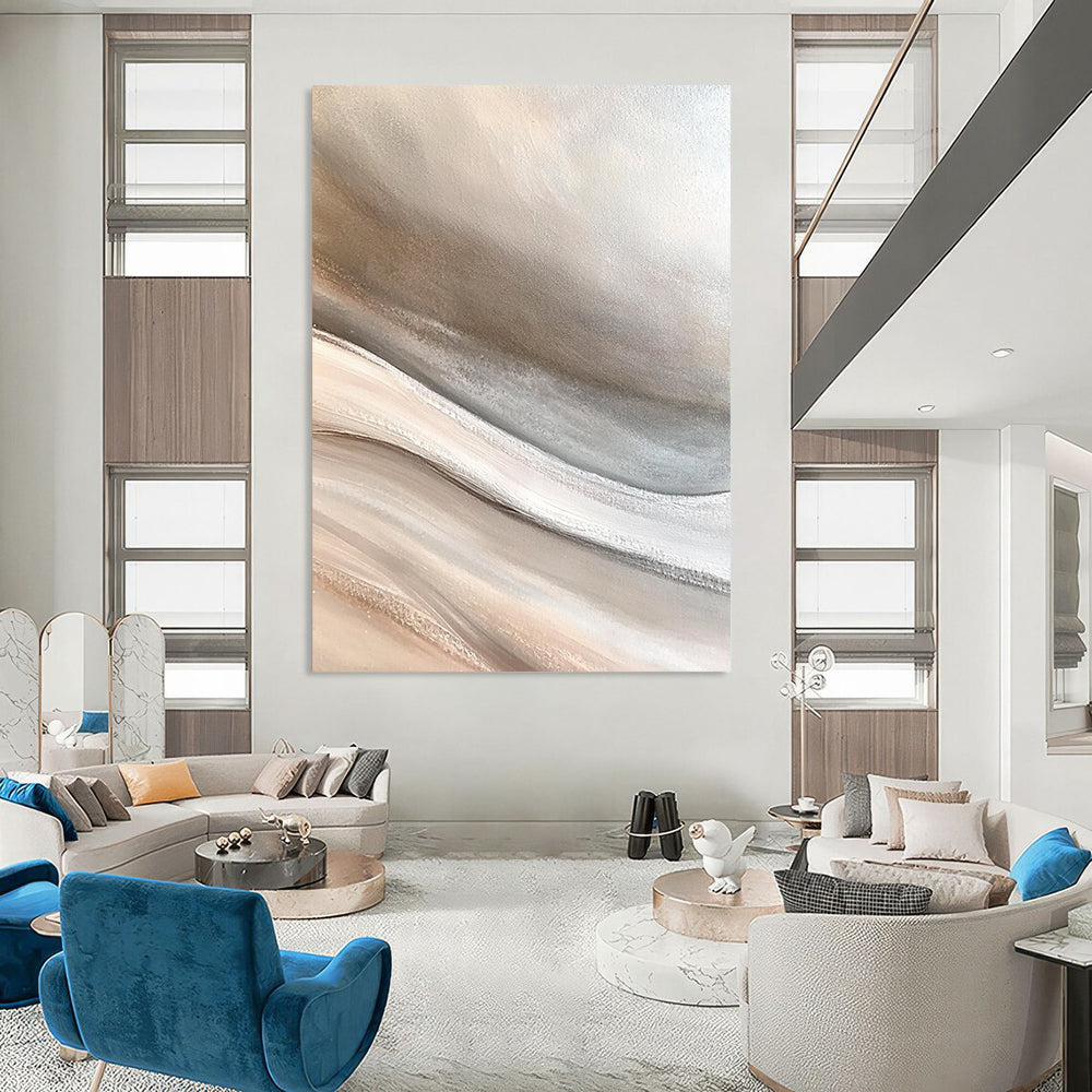 Contemporary large hand-painted abstract art capturing the desert with soft sand dunes in neutral gray beige and white tones for a calming zen atmosphere DLZ0650