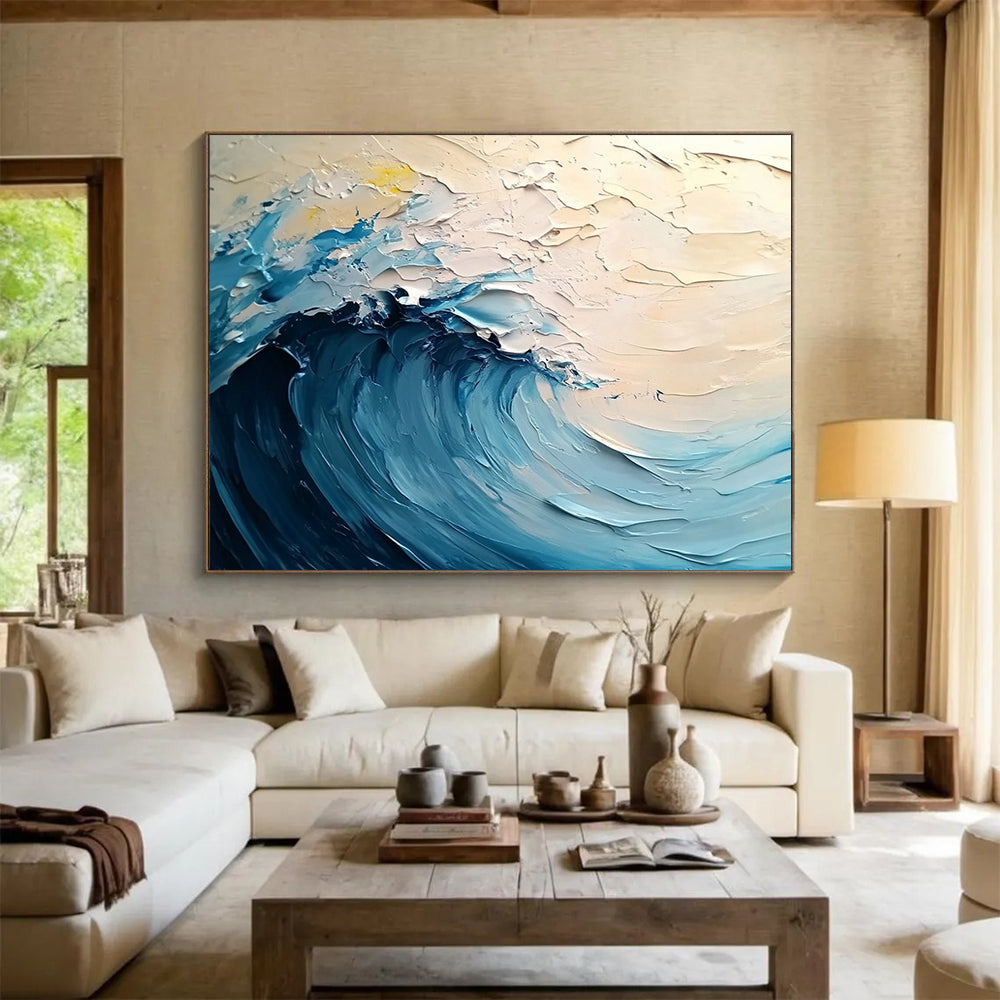 Impasto Blue Wave on Light Background - Coastal Impressionist Painting On Canvas HB0505