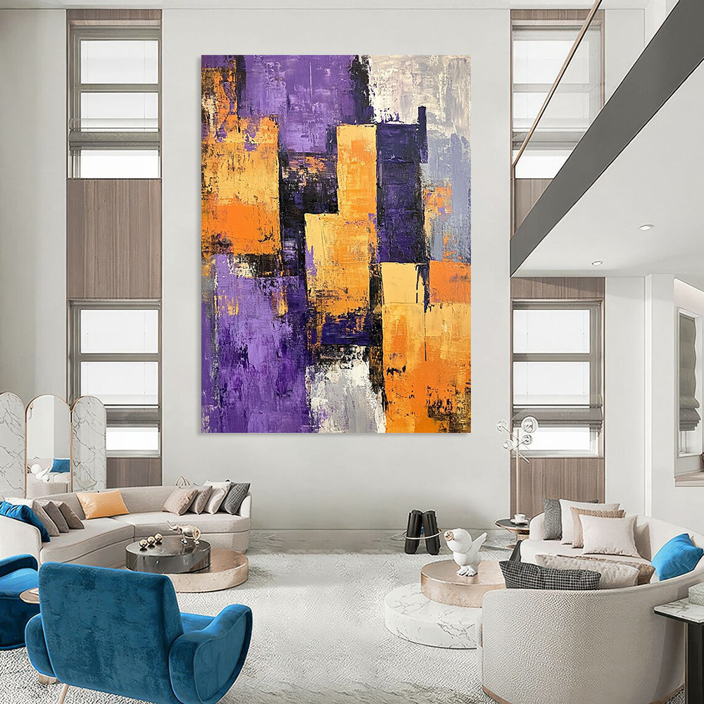 Contemporary abstract painting featuring a textured purple orange and grey cityscape with large buildings casting shadows across vibrant layers. DLZ0990
