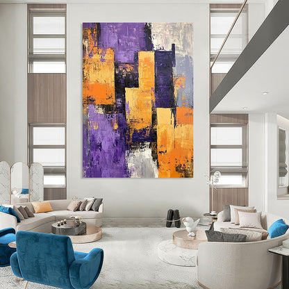 Contemporary abstract painting featuring a textured purple orange and grey cityscape with large buildings casting shadows across vibrant layers. DLZ0990