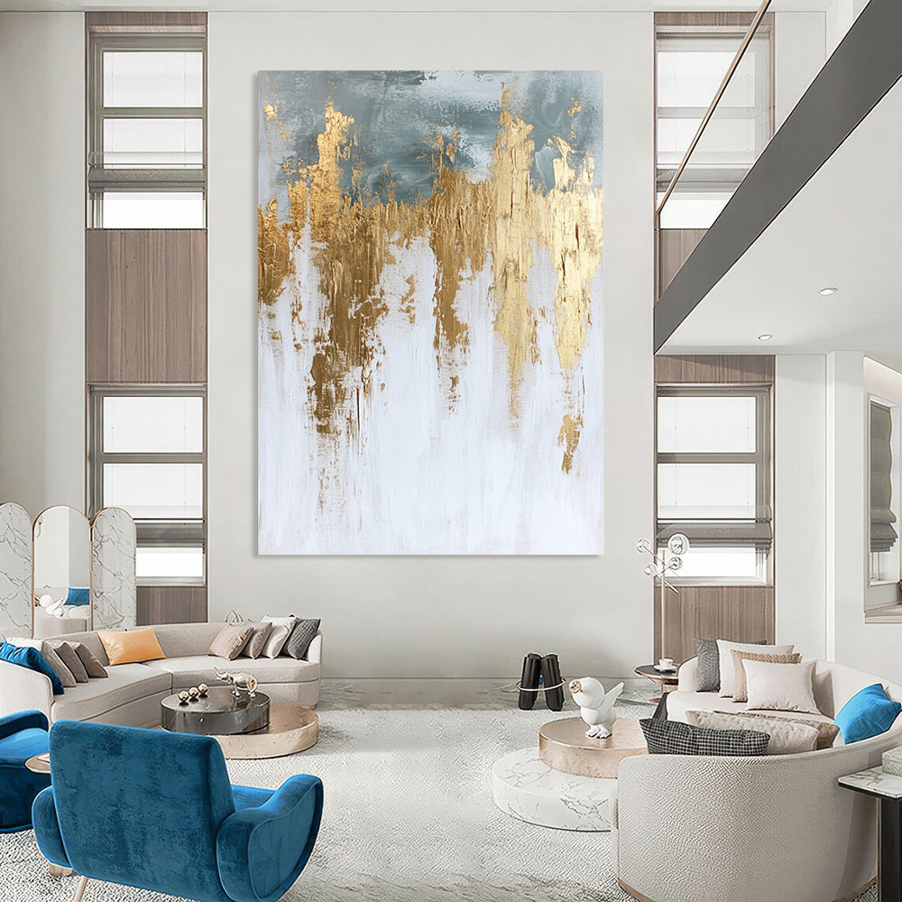 Contemporary hand-painted abstract artwork in white and gold featuring textured paint surface and elegant gold foil accents. DLZ0686