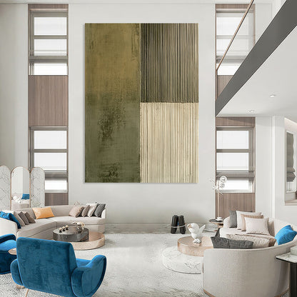Contemporary hand-painted abstract artwork featuring contrasting smooth concrete and textured olive green lines, enhancing visual depth and intrigue. DLZ1490