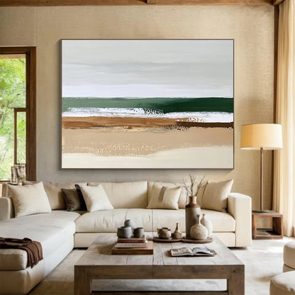 “Abstract Beach Layers” - Earthy brown, green, white, Minimalist Seascape Painting On Canvas HB0614