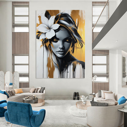 Contemporary abstract artwork featuring an elegant woman with a white flower, gold and black palette, dripping paint effect against a white background. DLZ1404
