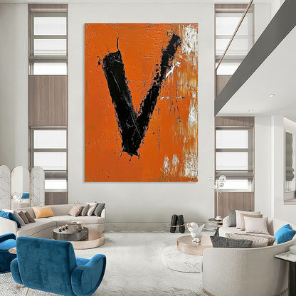 Contemporary abstract artwork featuring bold black "V" on vibrant orange background with expressive brush strokes and palette knife technique. DLZ1324