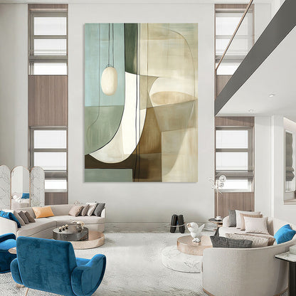 Contemporary large hand-painted abstract art featuring white and beige shapes with glass, reflections, and muted colors inspired by Robert Motherwell. DLZ1602
