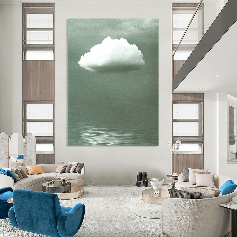 Contemporary abstract art features a soft white cloud on a gray backdrop, enhanced by green water ripples and subtle reflections below. DLZ1470