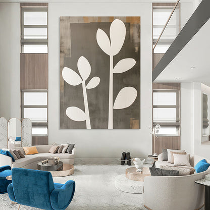 Contemporary abstract artwork featuring gray and white shapes with wooden cut-out flowers offers a striking visual statement for any space. DLZ0792