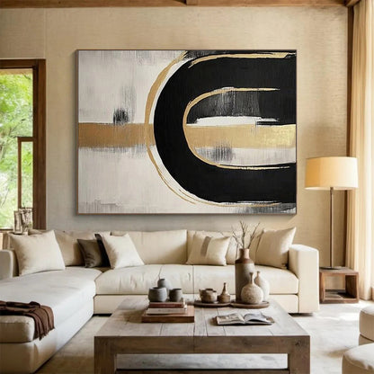 Black, Gold and White Abstract Curves "Elegant Flow" Painting On Canvas HB0412