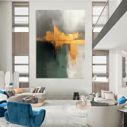 Contemporary hand-painted abstraction displaying beige sage green tones with elegant gold accents on canvas texture, perfect for modern decor. DLZ0943