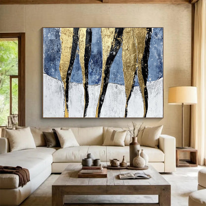 “Gold Black Stripes on Blue White” - Gold, Black, Blue, White, Striped Forms - Painting On Canvas HB1416