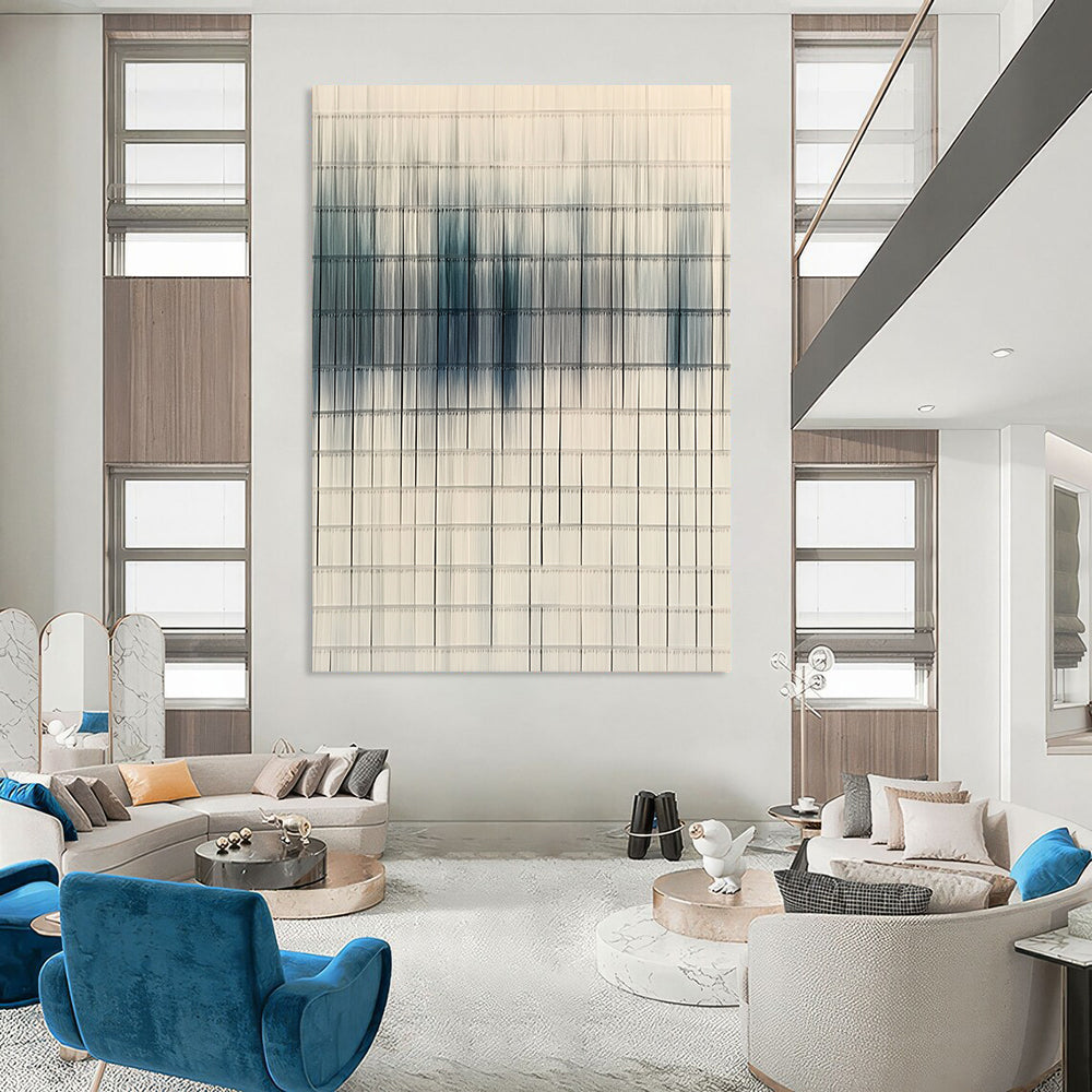 Contemporary hand-painted abstract art featuring woven lines in white and blue, symbolizing clean air and environmental awareness in a modern urban backdrop. DLZ1432
