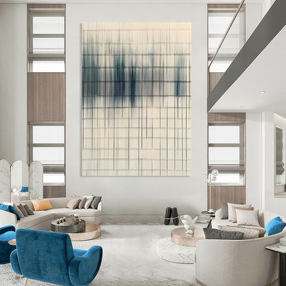Contemporary hand-painted abstract art featuring woven lines in white and blue, symbolizing clean air and environmental awareness in a modern urban backdrop. DLZ1432
