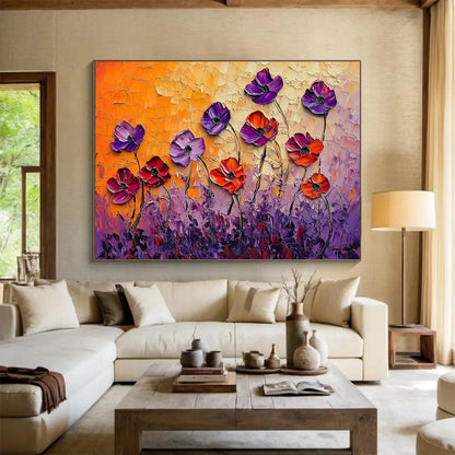“Textured Poppy Field” - Purple, Orange, Pink - 3D Textured Flowers - Impasto Painting HB1297