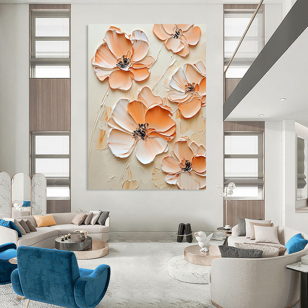 Contemporary abstract art features peach-colored flowers against a cream background with an embossed effect in beige and white for an elegant aesthetic. DLZ1688
