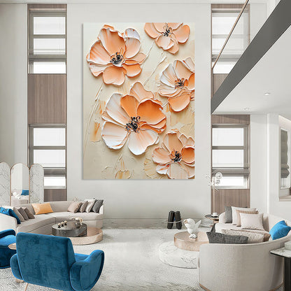 Contemporary abstract art features peach-colored flowers against a cream background with an embossed effect in beige and white for an elegant aesthetic. DLZ1688