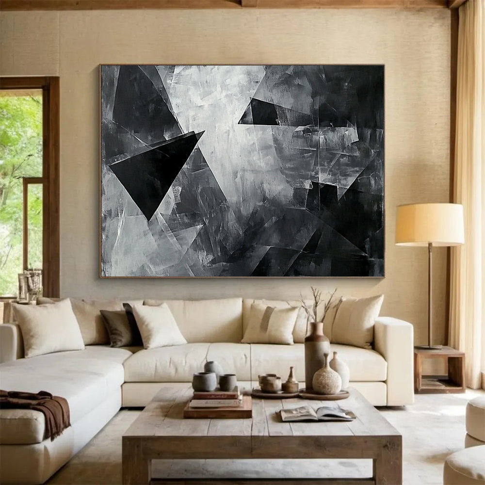 “Black - White Geometric Shapes” - Black, White with Angular Forms - Abstract Acrylic HB1359