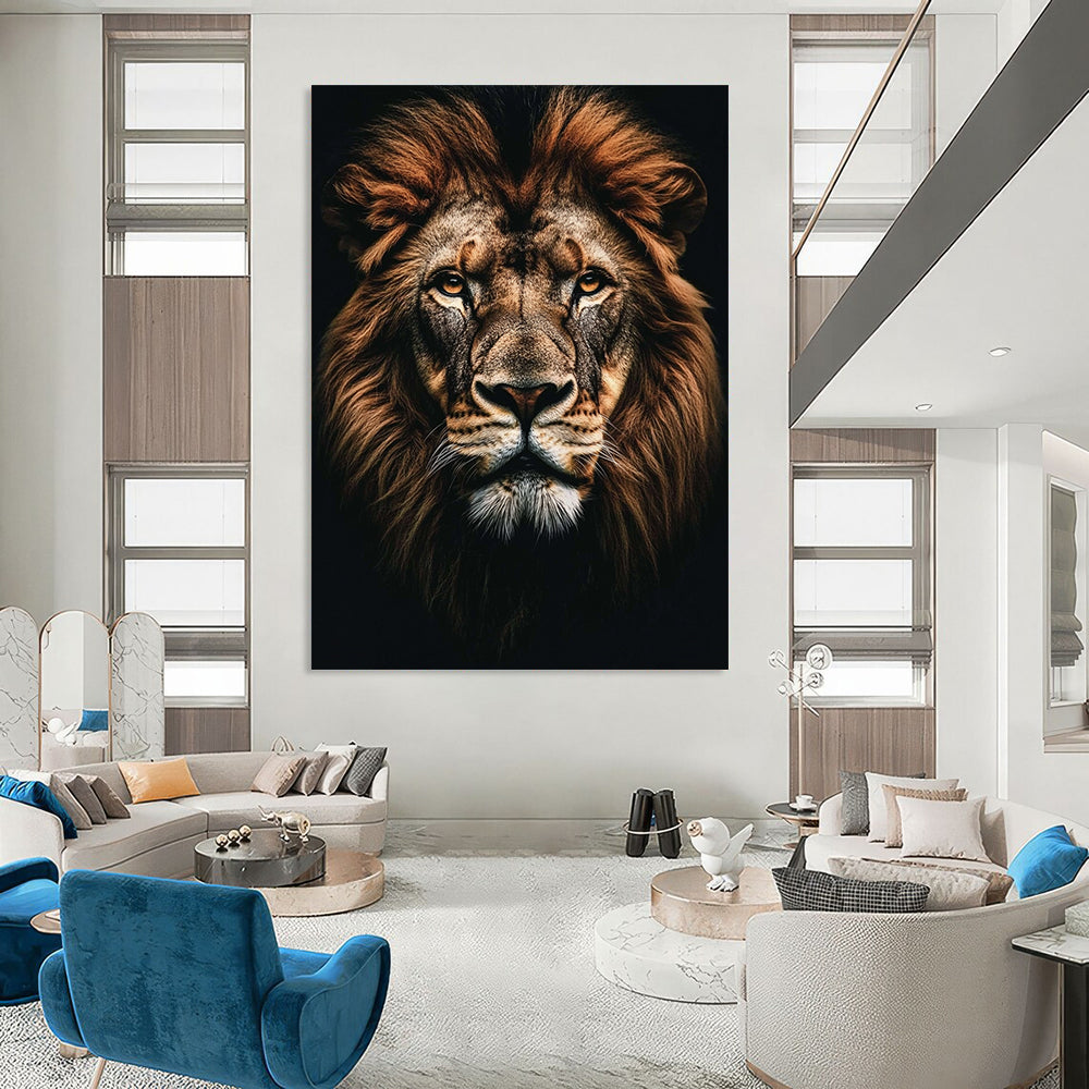 Contemporary abstract painting featuring a majestic lion portrait with realistic details against a dark background, perfect for modern decor. DLZ1590