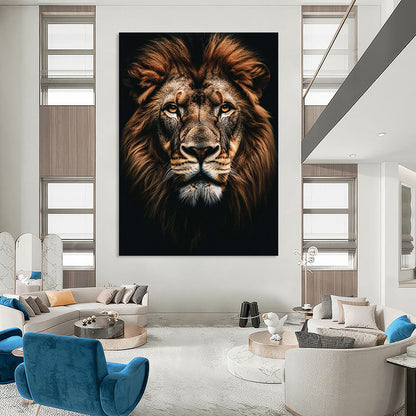 Contemporary abstract painting featuring a majestic lion portrait with realistic details against a dark background, perfect for modern decor. DLZ1590