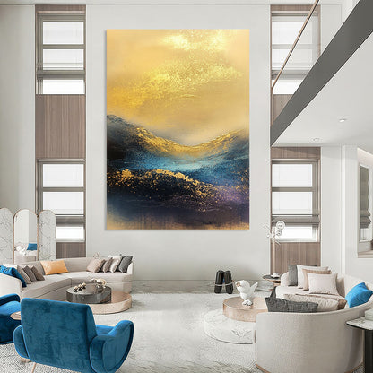 Contemporary abstract painting featuring waves of golden and blue hues, atmospheric textures, ideal for modern decor. DLZ0421