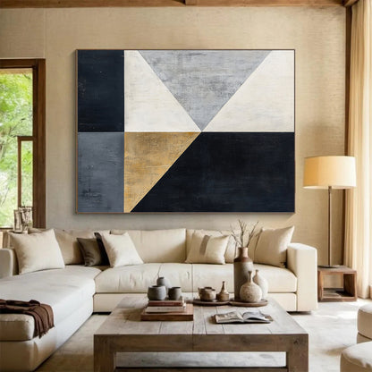 Black, White, Gray, Gold, Geometric Triangles "Gilded Triangles" Abstract Modernist Painting On Canvas HB118