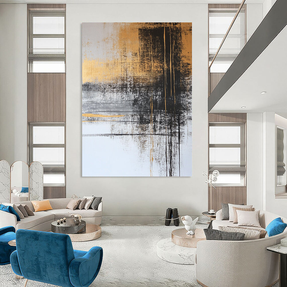 Contemporary abstract painting with gold and gray tones features black ink lines and serene water imagery, adorned with delicate plant figures for a tranquil feel. DLZ1273