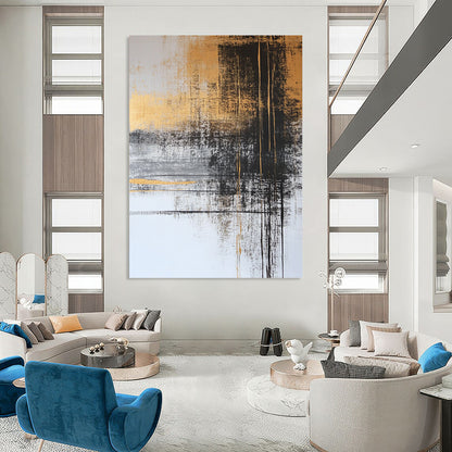 Contemporary abstract painting with gold and gray tones features black ink lines and serene water imagery, adorned with delicate plant figures for a tranquil feel. DLZ1273
