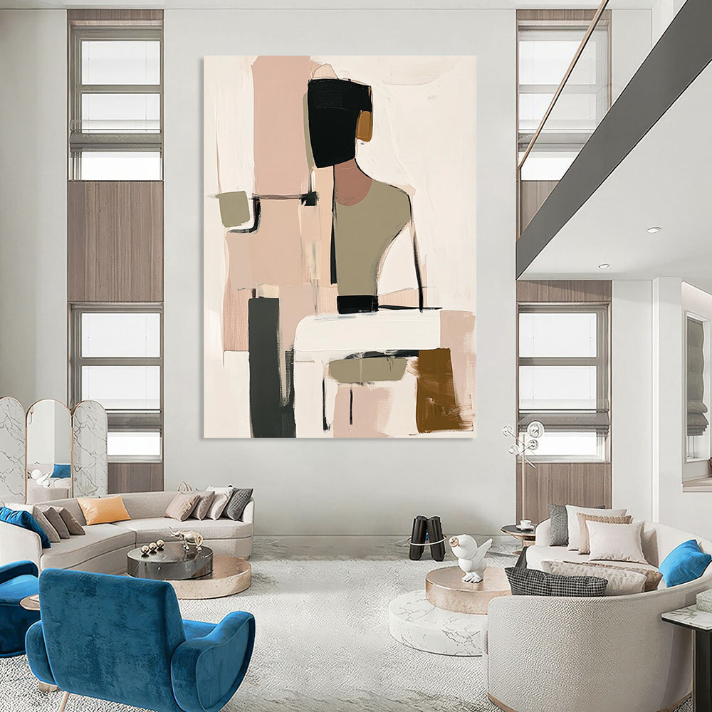 Contemporary handmade abstract art featuring muted beige black and white tones with soft pink and green hints and loose shapes around a visible table. DLZ0912