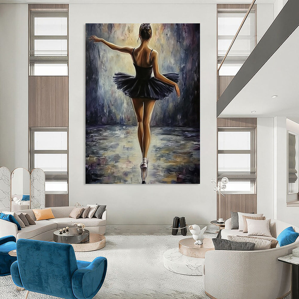 Contemporary abstract painting featuring a ballerina in a black dress, elegant pose, soft lighting, textured brush strokes, perfect for adding sophistication to any space. DLZ1672