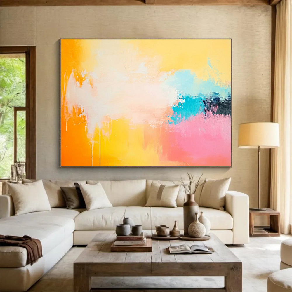 “Sunset Drip” - Orange, Yellow, Pink, Blue, Abstract Dripping Painting On Canvas HB1066