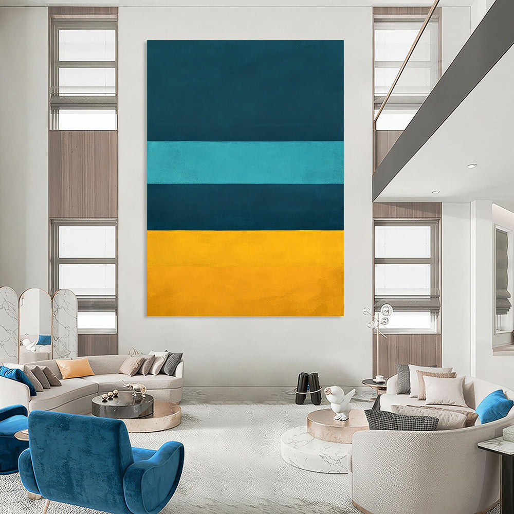 Contemporary hand-painted abstract artwork featuring deep blue teal and yellow horizontal stripes inspired by Rothko's color fields. DLZ0684