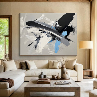 “Dynamic Black - Gray - Blue Brushstrokes” - Black, Gray, Blue, White, Energetic Strokes Painting On Canvas HB0811