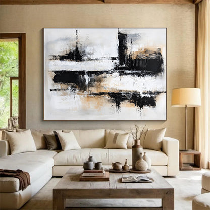 “Monochrome Textured Abstract” - Black, White, Beige with Layered Textures - Painting On Canvas HB1370