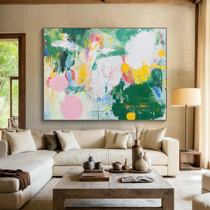 “Colorful Abstract Expressionist” - Green, yellow, pink, blue, white; Vibrant abstract expressionist; Acrylic Painting On Canvas HB1251
