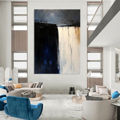 Large contemporary hand-painted abstract artwork featuring a white waterfall against a dark blue sky in a minimalist beige and black palette. DLZ0610
