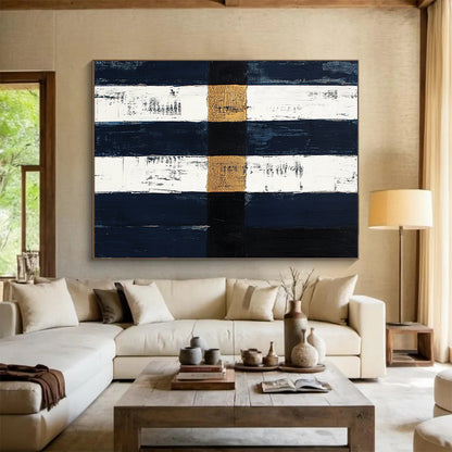 Navy, White, Gold, Black, Vertical Stripes "Nautical Gilded Stripes" Abstract Coastal - Inspired Painting On Canvas HB153