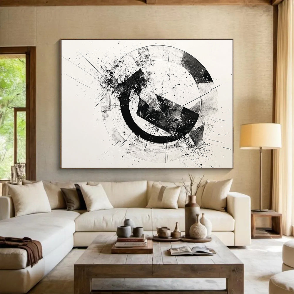 Black & Gray Geometric Circular Ink - “Structured Enso Fusion” Painting On Canvas HB243