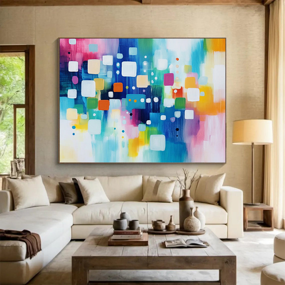 “Cheerful Colorful Geometric Squares and Circles” - Pink, blue, green, yellow, white; Abstract geometric squares and circles; Acrylic Painting On Canvas HB1235
