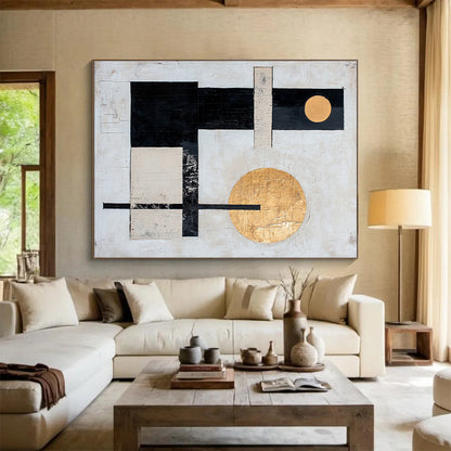 White, Black, Gold with Geometric Circles "Celestial Balance" Abstract Painting On Canvas HB018