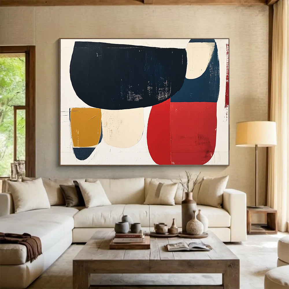 “Colorful Geometric Shapes” - Navy, red, beige, mustard, Modern Abstract Painting On Canvas HB0615