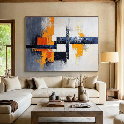 “Vibrant Crossroads” - Orange, Blue, Gray, Geometric Abstract Painting On Canvas HB1040
