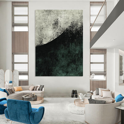 Contemporary abstract artwork featuring a large dark green and grey half circle with textured brushwork and strong negative space in muted tones. DLZ0809