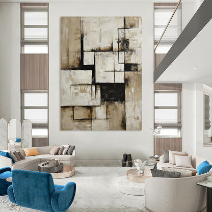 Contemporary hand-painted abstract art in neutral beige and white features geometric shapes and bold black accents for a striking visual impact. DLZ0849