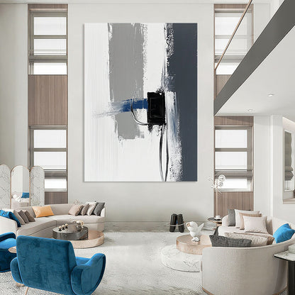 Contemporary abstract painting featuring impasto technique with thick gray and white strokes accented by blue details against a minimalist black power strip backdrop. DLZ1348